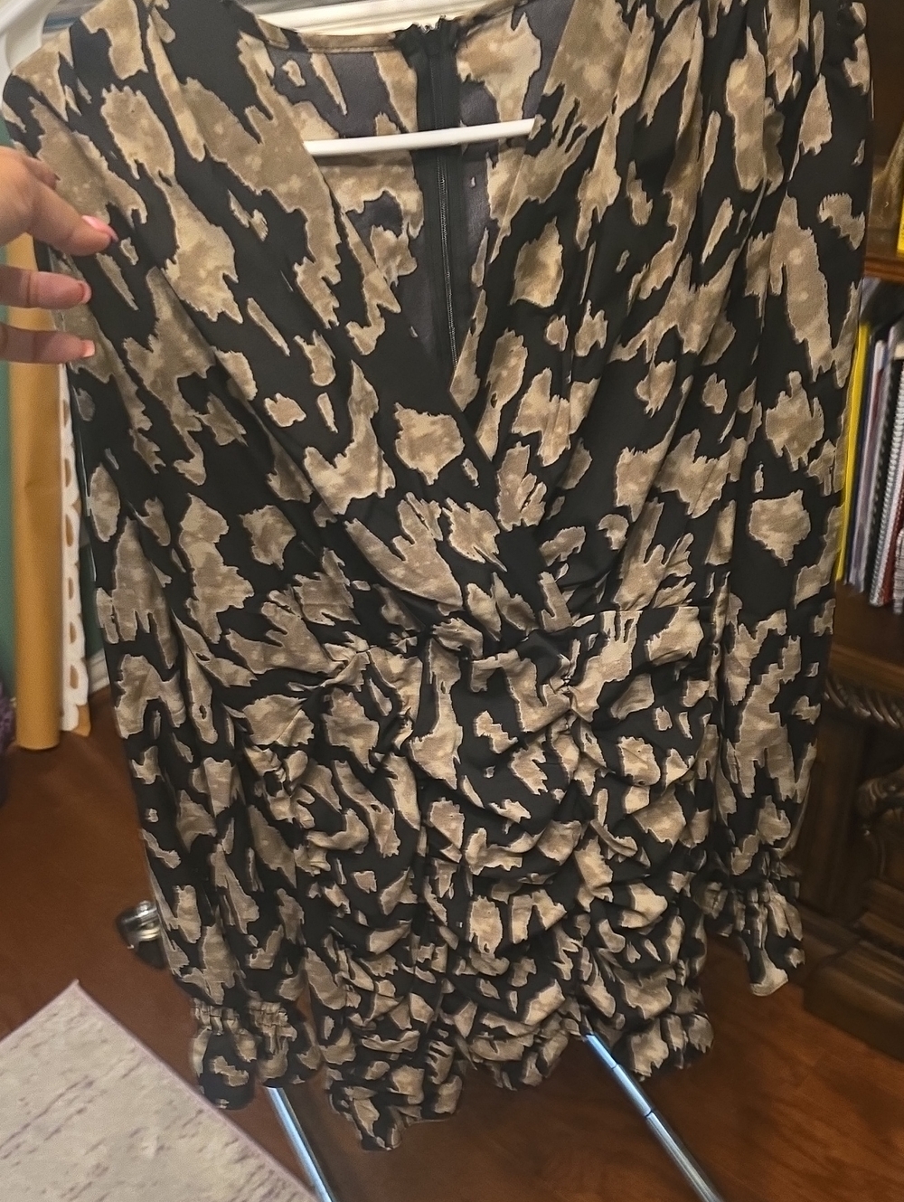 Women’s Printed Black and Tan V-Neck Dress